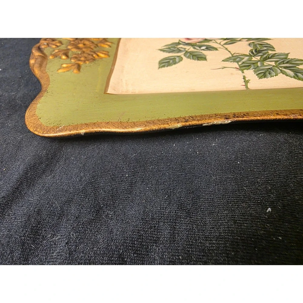 Vintage‎ Style Pink Rose Decorative Tray Sage Green Gold Floral Scalloped Edge